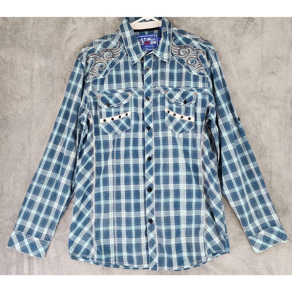 Austin Season Shirt Mens Large Plaid Distressed Embroidered Western Cowboy Top